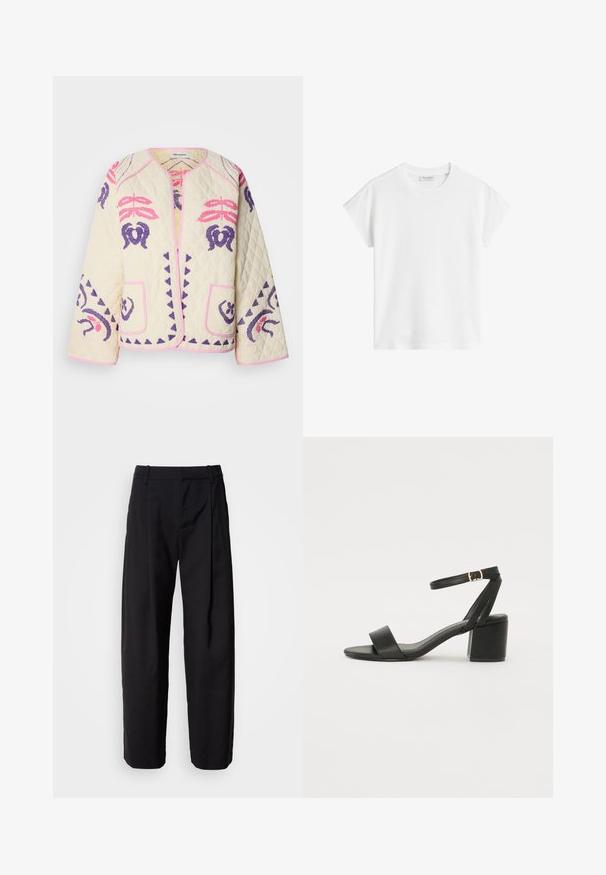Tkanina jakna v kremni barvi z vdelanimi rožnatimi in vijoličnimi vzorci, ki ima dva sprednja žepa in okroglo ovratnico z rožnatim robom.; Bela majica s kratkimi rokavi iz bombaža. Ima sproščen kroj z okroglim izrezom in rahlo spuščeno šivov na ramionih. Brez vzorcev ali dodatkov.; Črne hlače s sproščenim krojem, nabranim sprednjim delom in zankami za pas. Gladek material in ravne noge, ki vključujejo stranske žepe.; Črne sandale na peto z gladkim usnjenim zgornjim delom, odprtim nosom, širokimi sprednjimi trakovi in nastavljivim gležnjenčkom z zlatim zaponko.