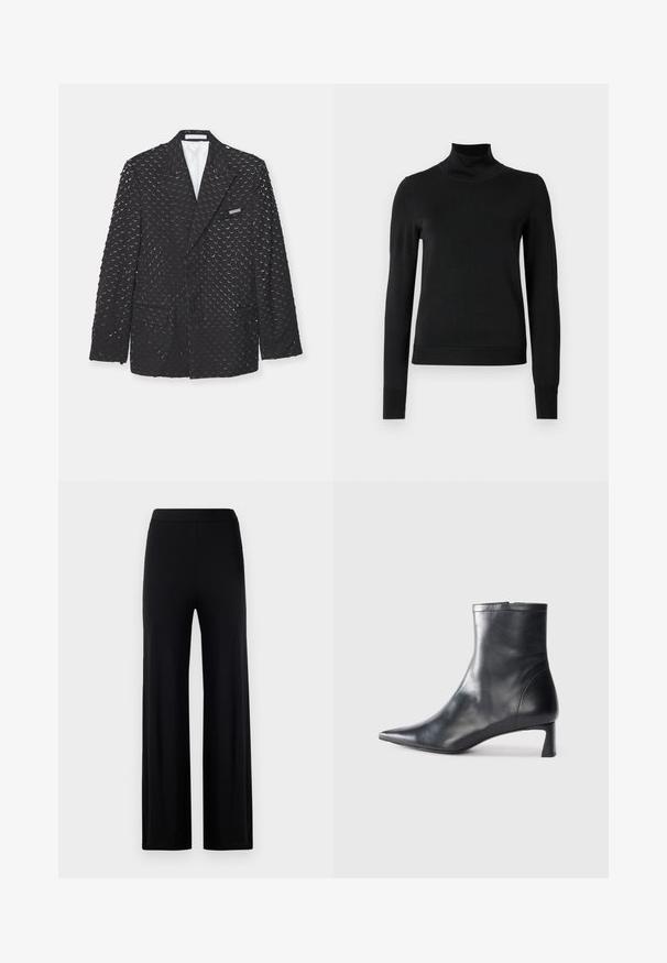Čierny blejzer s textúrovaným povrchom, na ktorom sú opakujúce sa polkruhy, dve bočné vrecká a jedno vrecko na hrudi. Podšívka vnútri.; Čierny dlhý rukáv rolák s rebrovanými manžetami a lemom, zobrazený na čistej bielej pozadí.; Čierne nohavice s širokými nohavicami vyrobené z hladkej, elastickej tkaniny. Majú elastický pás a žiadne viditeľné zapínanie ani vrecká.; Čierne kožené členkové topánky s špicatou špičkou a elegantným dizajnom. Majú nízky podpätok a zips na zadnej strane. Hladká textúra.