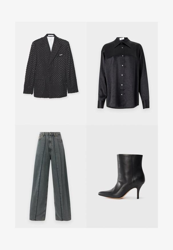 Czarna marynarka o teksturowanej powierzchni z powtarzającymi się kształtami półksiężyca, z dwoma bocznymi kieszeniami i kieszenią na klatce piersiowej. Podszewka wewnętrzna.; Czarna koszula z długim rękawem i kołnierzykiem, o pogniecionej teksturze, z pełnym zapięciem na guziki z przodu oraz mankietami. Wykonana z gładkiego materiału.; Szerokie ciemnoszare dżinsy z wysokim stanem, z postrzępionymi detalami szwów biegnącymi pionowo wzdłuż przodu oraz klasycznym pięciopocketowym wzorem.; Czarne skórzane botki za kostkę z wyciągniętym noskiem, smukłym obcasem w stylu stiletto i gładką teksturą. Minimalistyczny design bez widocznych elementów metalowych czy akcentów.