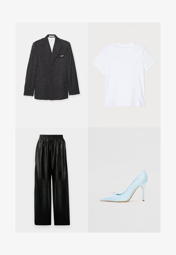 Black blazer with a textured surface featuring repeated crescent shapes, two side pockets, and a chest pocket. Lined interior.; White cotton T-shirt with short sleeves, featuring subtle embossed "HELMUT LANG" logo across the chest. Round neckline, smooth texture.; Black leather wide-leg pants with an elastic waistband, featuring two side pockets and a smooth, shiny texture.; GIABORGHINI High heels - blue