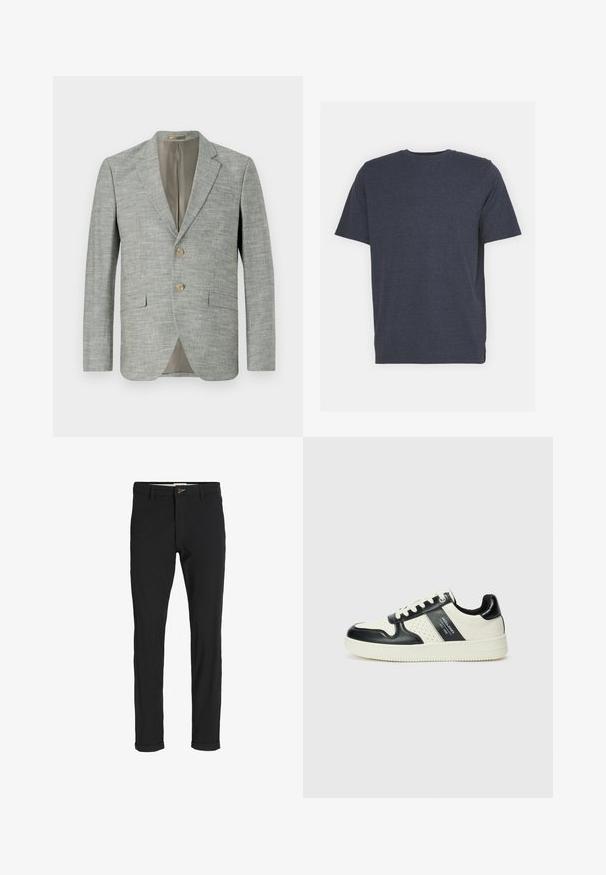 Light gray blazer made of textured fabric, featuring two front pockets, notch lapels, and two buttons. Interior lined in beige.; Navy blue crew neck t-shirt made of soft cotton blend fabric, with short sleeves and a regular fit. No visible patterns or accents.; Black cotton blend pants with a slim fit, featuring a button closure, pockets, and rolled cuffs for a casual finish.; Leather sneakers with a black and cream color scheme, featuring perforated accents, a padded collar, and a textured outsole.