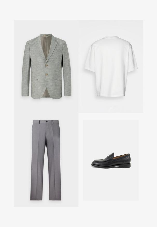 Hele hall värvi bleiser tekstureeritud kangast, millel on kaks esikotti, sälguga krae ja kaks nööpi. Sisekate on beež.; Valge lühikeste varrukatega T-särk, lõdva lõikega, ümar kaelus, sileda puuvillase kangaga, kaunistamata selg, sirge alläär, ilma mustrite või aktsентideta.; Hallidega hallid püksid, millel on lame eesmine osa, kaks küljetaskut ja ühesnupuline kinnitis. Sile tekstuur koos peene triibumustriga.; Mustad mustad nahast loafers, sujuva viimistlusega, ümar sirge ja dekoratiivne tikand peal. Madal ja kergelt kuhjatud konts ning kerge läige.