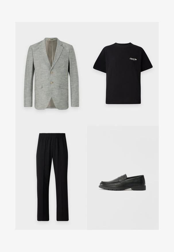 Gaiši pelēks bleizeris, izgatavots no teksturēta auduma, ar divām priekšējām kabatām, izgrieztām atlokiem un diviem pogām. Iekšpusei ir beigu apdare.; Melnas kokvilnas t-krekls ar apaļu kakla izgriezumu, īsām piedurknēm un maziem baltiem logotipa uzrakstiem kreisajā krūšu daļā. Vienkāršs dizains, klasiskā piegriezne.; Melni elastīgi bikses ar taisnas kājas dizainu, ar gludu tekstūru un bez redzamām zīmēm vai detaļām.; Melnas ādas loafers ar gludu apdari, mokasīnu stila augšdaļu, šūtu detalizāciju un gumijas zoli. Klasisks dizains ar zemu papēdi.