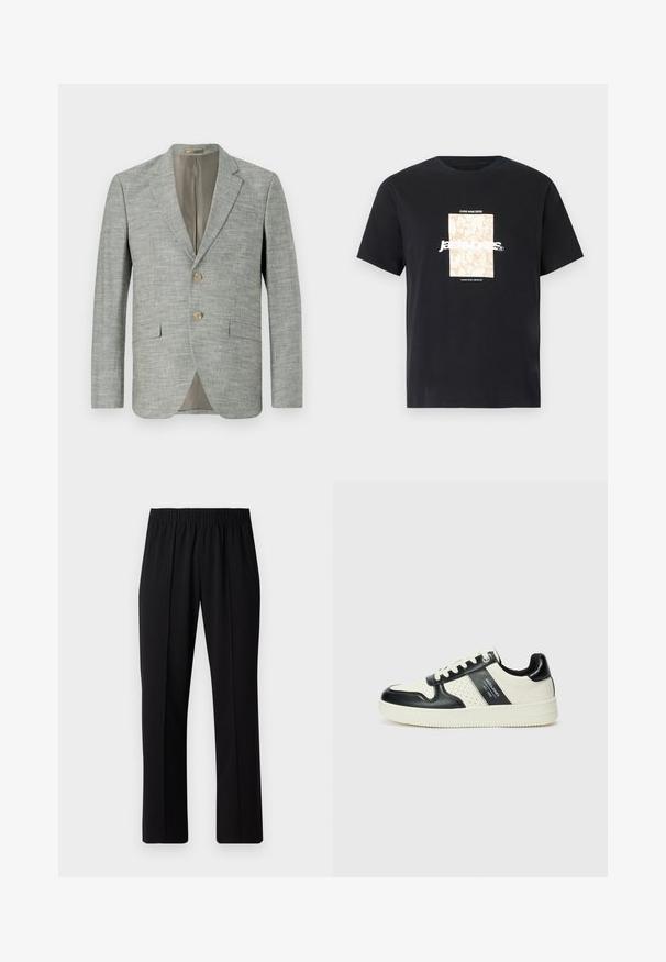 Light gray blazer made of textured fabric, featuring two front pockets, notch lapels, and two buttons. Interior lined in beige.; Black cotton t-shirt with round neck. Features a beige rectangular graphic and white text, "JAWO," centered on the front. Short sleeves.; Black, elastic-waist trousers with a straight-leg design, featuring a smooth texture and no visible patterns or hardware.; Leather sneakers with a black and cream color scheme, featuring perforated accents, a padded collar, and a textured outsole.