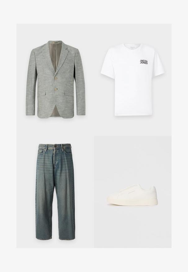 Ανοιχτού γκρί σακάκι φτιαγμένο από υφή υφάσματος, διαθέτοντας δύο μπροστινές τσέπες, κανονικούς γιακάδες και δύο κουμπιά. Η εσωτερική επένδυση είναι σε μπεζ χρώμα.; Λευκό βαμβακερό T-shirt, κοντά μανίκια, στρογγυλή λαιμόκοψη. Διαθέτει μαύρο λογότυπο "JACK & JONES" στην αριστερή πλευρά του στήθους. Απλός, καθαρός σχεδιασμός.; Ανοιχτό μπλε τζιν παντελόνι με χαλαρή γραμμή, μέση μέσου ύψους και ευθείες γραμμές. Περιλαμβάνει πέντε τσέπες, θηλιές ζώνης και κούμπωμα με κουμπί.; Λευκά slip-on παπούτσια με υφή, παχύ πάτο και μινιμαλιστικό σχέδιο. Φέρει το λογότυπο της μάρκας στο πλάι.