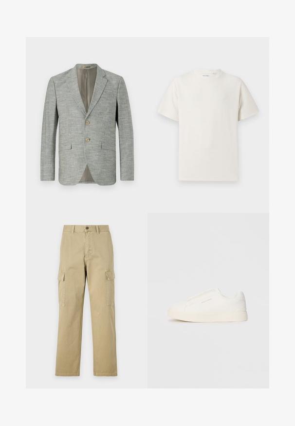 Blazer grigio chiaro realizzato in tessuto testurizzato, con due tasche frontali, rever a notche e due bottoni. Fodera interna beige.; T-shirt bianca a maniche corte in texture a coste. Girocollo, vestibilità rilassata, senza modelli o accenti visibili. Design semplice e versatile.; Pantaloni cargo beige in cotone, dotati di due tasche laterali, chiusura con bottone e gamba dritta con tessuto leggermente texture.; Sneakers bianchi slip-on con superficie texturizzata, suola spessa e design minimalista. Presentano il logo del marchio sul lato.