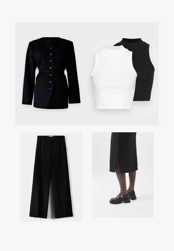 Black blazer with a V-neckline, long sleeves, six front buttons, a belted waist, and two side pockets, made from a textured fabric.; Two sleeveless ribbed turtleneck tops in black and white, featuring a fitted design and smooth texture, with cropped length.; Black wide-leg trousers made of lightweight fabric, featuring a front button closure and flat front, with neatly stitched hems.; Black leather shoes with a rounded toe, thick block heel, and elastic side accents, paired with dark tights and a black skirt with a slit.