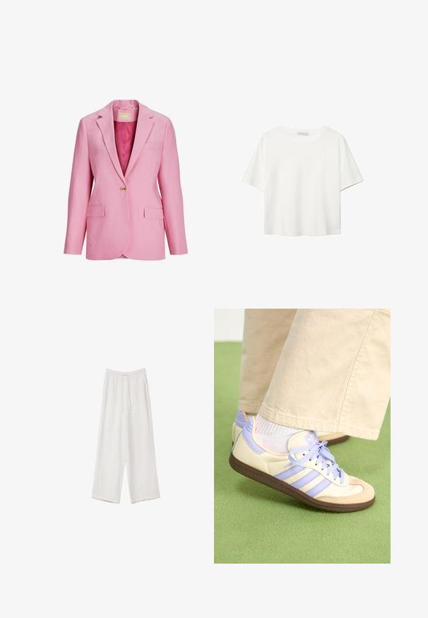 Rosa blazer med skarp slag, enkel guldknappstängning, två framfickor och en jämn textur. Fodrad interiör med en kontrasterande färg.; Vit t-shirt med kort ärm i bomull. Har en rundad halsringning och en avslappnad passform. Slät textur utan synliga mönster eller detaljer.; Vita vida byxor i vid passform gjorda av ett lättviktsmaterial. Har en elastisk midja med dragsko och sidofickor. Slät textur.; Krämfärgade och lavendelfärgade sneakers med tre ränder och en texturerad brun sula, med snören och en vadderad häl. Mjuk tygobero.