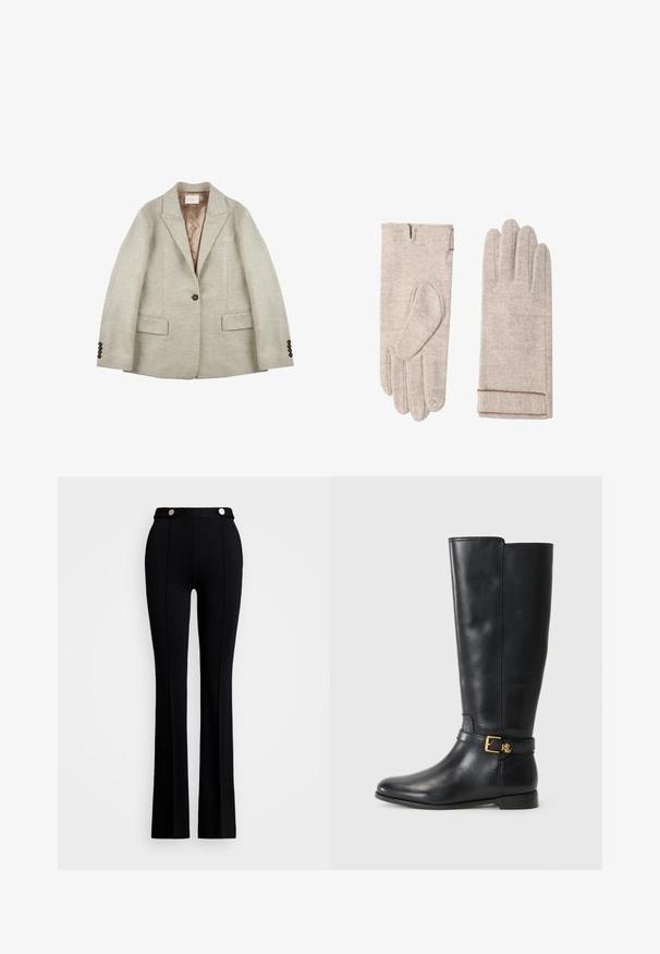 Hellgrauer Blazer aus strukturiertem Stoff, mit Reverskragen, zwei vorderen Taschen und braunen Knöpfen an den Ärmeln. Sichtbares Satin-Innenfutter.; Rollkragenpullover in hellbeige, aus einem glatten, weichen Strickmaterial gefertigt. Mit langen Ärmeln und einer figurbetonten Silhouette, versehen mit einem gerippten Saum.; Schwarze, ausgestellte Hosen aus dehnbarem Stoff, mit hohem Bund, zwei vorderen Taschen und silbernen Knopfdetails am Bund.; Schwarze Lederstiefel bis zum Knie mit goldener Schnallen-Detail. Das Design ist schlank und elegant, vor einem weißen Hintergrund.; Beige Wollhandschuhe mit strukturiertem Stoff. Ein Handschuh hat ein einzigartiges Daumendesign. Die Bündchen sind mit einem kontrastierenden Besatz für zusätzliche Details versehen.