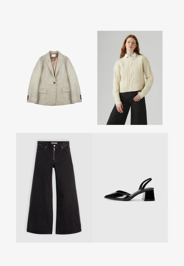 Lichtgrijze blazer van een gestructureerde stof, met een revers, twee voorkruiszakken en bruine knopen op de mouwen. Satijnen binnenvoering zichtbaar.; Levi's® INES CABLE - Trui - tofu; Wijdvallende jeans van zwarte denim met een ritssluiting aan de voorkant, vijf zakken en subtiele stikdetails. Soepele textuur en casual stijl.; Zwarte gepatineerde leren slingback hakken met een spitse neus en een geometrische blokhak. Kenmerkt zich door een slank, minimalistisch ontwerp en een gladde textuur.