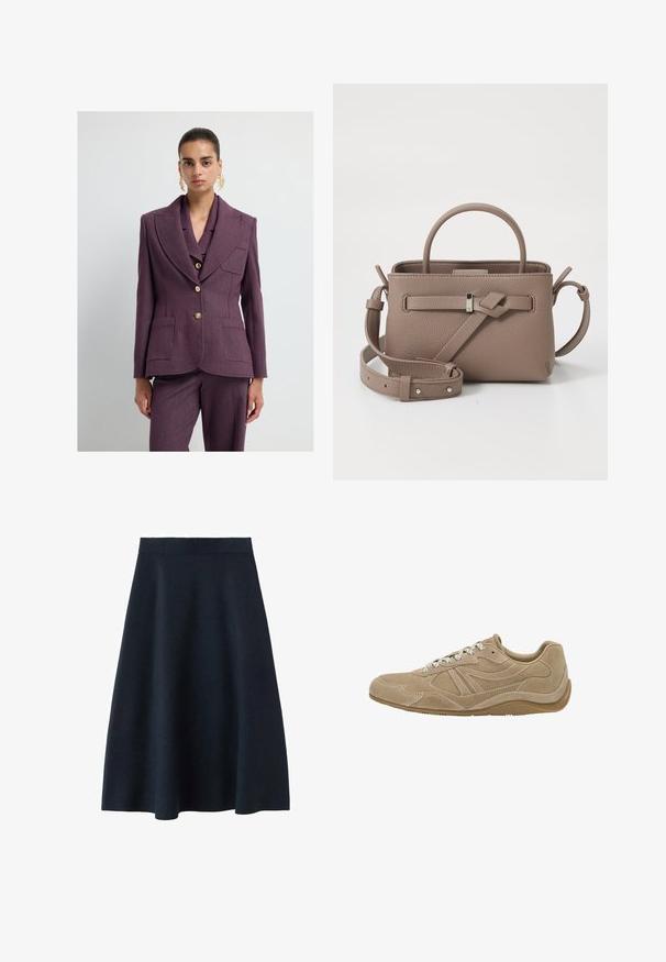 Blazer sur mesure violet en tissu texturé, avec un large revers, deux poches avant et des boutons dorés.; Pull tricot coupe courte gris foncé à manches courtes avec col rond, présentant une coupe ample et des manches raglan, fabriqué à partir d'un tissu doux et texturé.; Une jupe midi bleu marine foncé en tissu lisse, avec une taille ajustée et une forme évasée, sans motifs ni embellissements visibles.; Baskets en suède beige avec un profil bas, une surface texturée et des lacets blancs. Présente un design courbé et une semelle en caoutchouc pour une meilleure adhérence.; Sac à main en cuir texturé taupe avec une poignée supérieure, une bandoulière réglable et un détail de nœud décoratif sur un fond blanc pur.
