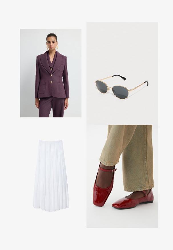 Purple tailored blazer made from textured fabric, featuring a wide lapel, two front pockets, and gold-tone buttons.; Brown long-sleeve top with a scoop neckline, featuring large white polka dots and gathered detail at the waist for a fitted look.; White, tiered maxi skirt made of lightweight fabric. Features an elastic waistband and flowing design with soft, subtle texture.; Red patent leather shoes with a square toe, low heel, and ankle strap, paired with light green wide-leg jeans. Smooth texture, reflective surface.; Oval sunglasses with dark lenses, gold metal frame, and braided gold sides. Black tips on the arms enhance design.; Brown woven leather tote bag with two handles, a structured shape, and a textured surface, featuring a diamond pattern throughout.