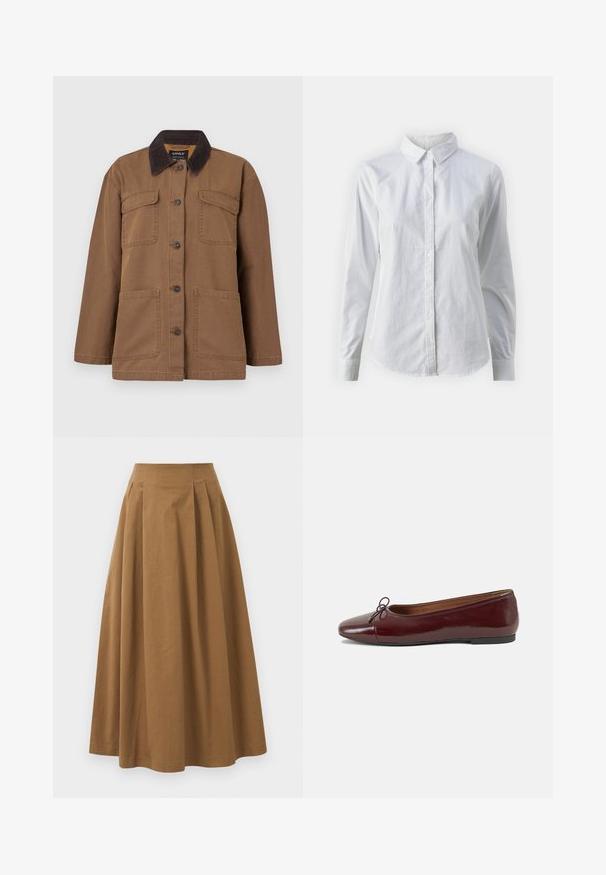 Brun jakke lavet af holdbart stof, med en corduroy-krave, fire lommer, knaplukning og en lige pasform.; Hvid skjorte med knapper lavet af glat bomuld, der har en klassisk krave, lange ærmer og en buet kant. Knapperne er små og hvide.; Brun bomulds A-linjeet nederdel med høj talje, præget af læg foran og en glat tekstur. Endeafslutningerne er enkle og rene.; Bordeaux patentlæder balletflad med rund tå, lille sløjfeaccent foran og en lav, sort gummisål. Glat tekstur.