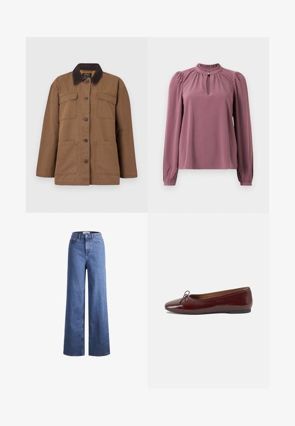 Ruda striukė pagaminta iš tvirto audinio, su švelnia drobine apykakle, keturiomis kišenėmis, mygtukų užsegimu ir tiesiu siluetu.; Ilga rankovė mauve spalvos bluzonė su surinkta apykakle, raktų skylutės iškirpte su mygtuko uždarymu ir šiek tiek pūstomis petnešomis.; Šviesiai mėlynos džinsinės kelnės plačiu sijonu ir aukštu liemeniu, su dviem priekinių kišenių ir matomu siuvimu. Su mygtuko ir užtrauktuko uždarymu.; Bordo lakiotos odos baleto bateliai su apvalia nosimi, maža kaspinėlio akcentu priekyje ir žema juoda guma padanga. Lygi tekstūra.