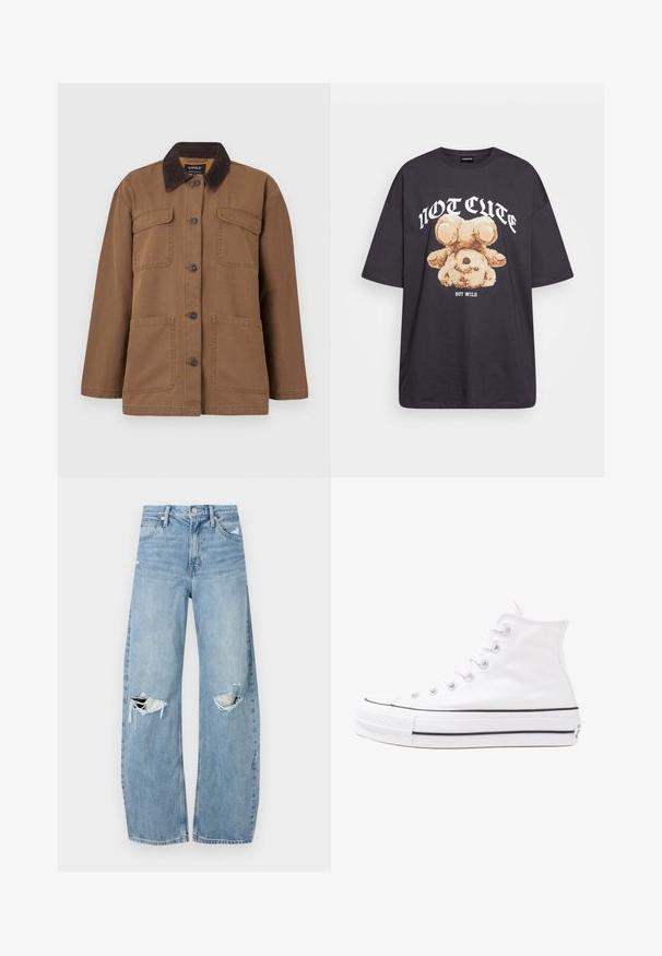 Brun jakke lavet af holdbart stof, med en corduroy-krave, fire lommer, knaplukning og en lige pasform.; Sort oversized t-shirt med et grafisk motiv af en bjørn samt teksten "IKKE SØD MEN VILD" i fede, hvide bogstaver. 100% bomulds materiale.; Lysblå, højtraljede jeans lavet af denim. Har brede ben, to huller ved knæene og klassisk fem-lommes stil.; Hvide høje kanvas sneakers med sort gummisål, gummitåhætte foran og seks øjehuller til snørebånd, der har et rent, minimalistisk design.