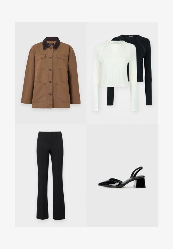 Veste marron en tissu durable, avec un col en velours côtelé, quatre poches, fermeture à boutons et une coupe droite.; Deux tops à manches longues, l'un blanc et l'autre noir. Les deux présentent des encolures rondes et des zips décoratifs à l'épaule. Tissu lisse.; Pantalons noirs évasés avec une texture côtelée et une taille ajustée. Le design présente des coutures verticales pour un aspect épuré. Pas de matériel visible.; Escarpins en cuir verni noir avec bout pointu et talon bloc géométrique. Présente un design élégant et minimaliste ainsi qu'une texture lisse.