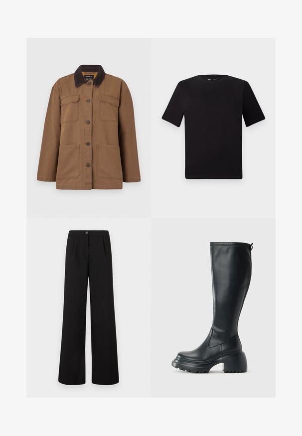 Brown jacket made from durable fabric, featuring a corduroy collar, four pockets, button closure, and a straight fit design.; Black short-sleeve t-shirt with a round neckline, crafted from soft cotton fabric. Simple design, no visible logos or patterns.; Black high-waist wide-leg trousers with front button and zipper closure, featuring subtle pleats below the waistband.; Tall black leather boot with chunky platform sole and block heel, featuring pull tab and textured tread on outsole.