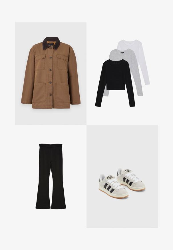 Brun jakke lavet af holdbart stof, med en corduroy-krave, fire lommer, knaplukning og en lige pasform.; Tre langærmede toppe stablet: sort, grå og hvid. Hver har en rund halsudskæring og et cropped design med glat, let stof.; Sorte flared leggings lavet af strækbart stof. Har en bred talje og en glat tekstur, med en tætsiddende silhuet der bredder sig ved sømmen.; Grå ruskinds sneakers med hvide snørebånd, sorte striber og en hvid gummisål. Har et rundt logo på tungen og en gummisål.