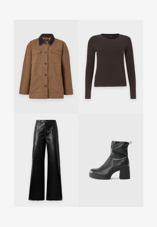 Brown jacket made from durable fabric, featuring a corduroy collar, four pockets, button closure, and a straight fit design.; Brown, long-sleeve ribbed top with a crew neckline. Made from a smooth, stretchy material, featuring a fitted silhouette and minimal detailing.; Black high-waist wide-leg faux leather pants with front button, zip closure, belt loops, and side pockets on white background.; Black ankle boots made of smooth leather, featuring a side zipper, chunky textured heel, and rounded toe design.