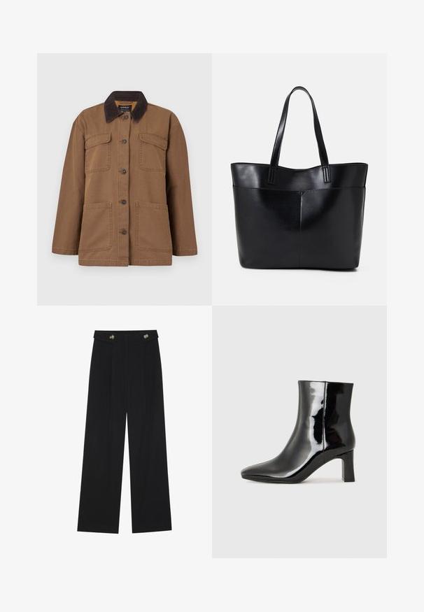 Brūns cimdiņš, izgatavots no izturīga auduma, ar korduroja apkakli, četrām kabatām, pogu aizvēršanu un taisnu griezumu.; Melns īsām piedurknēm T-krekls ar plašu kakla izgriezumu. Izgatavots no mīksta, viegla auduma. Vienkāršs dizains bez rakstiem vai akcentiem.; Melnas platās bikses ar augstu jostasvietu, pogu detaļām uz jostas un priekšējām krokām.; Melnas patentētas ādas potīšu zābaki ar norādītu pirkstu un vidēja augstuma kvadrātveida papēdi. Gluda tekstūra un minimālisma dizains.; Melnas ādas iepirkumu soma ar divām garām rokturām, gludu tekstūru un strukturētu formu. Iekļauj priekšējo kabatu papildu uzglabāšanai.