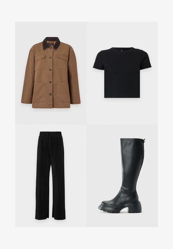 Brun jakke lavet af holdbart stof, med en corduroy-krave, fire lommer, knaplukning og en lige pasform.; Sort t-shirt med korte ærmer lavet af blødt bomuld. Har en rund halskrave og en tætsiddende pasform. Glat tekstur uden mønstre eller detaljer.; Sorte plisserede bukser med elastisk talje. Har brede ben og et glat, tekstureret stof med lodrette striber.; Høj sort læderstøvle med kraftig platformssål og blokhæl, med trækstrop og tekstureret sål.