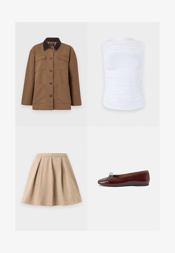 Veste marron en tissu durable, avec un col en velours côtelé, quatre poches, fermeture à boutons et une coupe droite.; Top sans manches blanc en tissu lisse et extensible avec des détails froncés sur les côtés, présentant un col rond et une silhouette cintrée.; Jupe plissée beige en tissu texturé, avec une taille ajustée et un design évasé qui arrive au milieu de la cuisse.; Ballerines en cuir verni bordeaux avec un bout rond, un petit nœud décoratif à l'avant et une semelle en caoutchouc noire basse. Texture lisse.