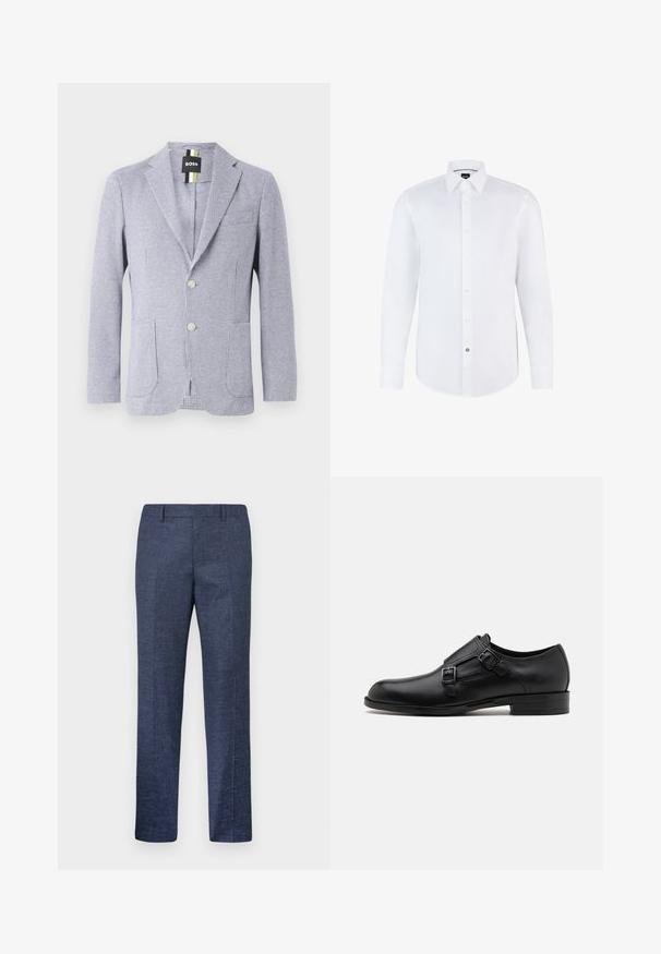 Zilbrazs ar hundstooth rakstu zilā un baltā krāsā. Tam ir iegriezts apkakle, divi pogas un priekšējās kabatas. Izgatavots no teksturēta auduma.; Balta garo piedurkņu krekls, kas izgatavots no gludas auduma, ar pogājamām frontālajām daļām, punktēto apkakli un izliekto hemu. Ievērojams zīmola poga akcents.; Jūras zila bikses, izgatavotas no struktūrvielas, ar taisnām kājām, plakanu priekšpusi un divām sānu kabatām. Nav redzamu rakstu vai akcentu.; Melnas ādas kleitas kurpes ar diviem sprādzēm, elegants siluets un apaļš purngals. Iezīmējas ar zemu papēdi un gludu tekstūru.