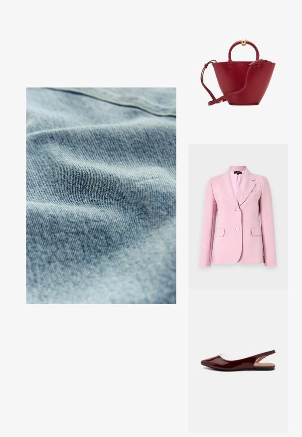 Blazer rose clair en tissu lisse, doté d'un col à revers, de deux poches avant et de deux boutons à l'avant.; Tissu en denim bleu clair avec une texture subtile et un motif de tissage visible, montrant de légères variations de couleur et de douceur.; Ballerines à talon slingback en vernis bordeaux avec un bout pointu, une découpe transparente et une semelle plate noire. Texture lisse, design minimaliste.; Sac à main en cuir rouge avec un sommet arrondi, une forme conique structurée, une petite poignée et une bandoulière amovible. Comprend des accents en matériel doré.