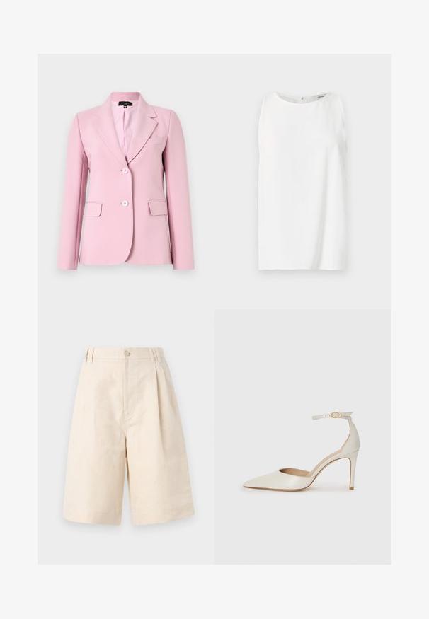 Světlý růžový blazer z hladké látky, s klopovým límcem, dvěma předními kapsami a dvěma knoflíky vpředu.; Bezrukávový bílý top vyrobený z hladkého materiálu, s kulatým výstřihem a rovnou siluetou zakončenou na zádech. Jednoduchý a minimalistický design.; Béžové lněné šortky s uvolněným střihem, opatřené zapínáním na knoflíky, plisovaným designem a délka ke kolenům. Hladká textura a jednoduchý styl.; Bílé kožené lodičky na vysokém podpatku s špičatou špičkou, kotníkovým páskem a štíhlým jehlovým podpatkem. Hladká textura s mírným lesklým povrchem.