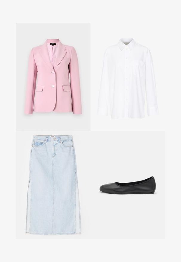 Light pink blazer made of smooth fabric, featuring a notched collar, two front pockets, and two buttons on the front.; White long-sleeve collared shirt made of cotton. Features a button-down front and a single chest pocket. Smooth texture, relaxed fit.; Light blue denim maxi skirt with a straight cut, featuring side slits and five-pocket design. Prominent stitching and metal button closure.; Black leather ballet flat with a rounded toe, smooth texture, minimal stitching detail, and a flexible sole design.