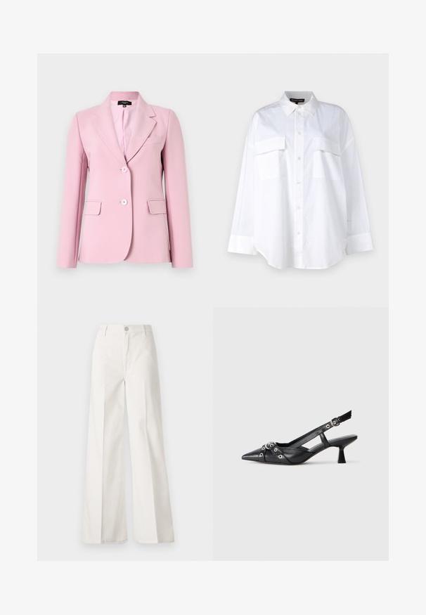 Helles rosa Blazer aus glattem Stoff, mit Reverskragen, zwei frontalen Taschen und zwei Knöpfen auf der Vorderseite.; Weißes Button-Up-Hemd aus Baumwolle, mit klassischem Kragen, zwei Brusttaschen und langen Ärmeln mit Manschetten. Glatte Textur.; Weiße weite Hosen aus Baumwolle mit glatter Textur. Sie verfügen über einen vorderen Knopf, einen Reißverschluss und ein Design mit vier Taschen.; Schwarzer Leder-Slingback-Schuh mit spitz zulaufender Zehenpartie, dekorativen Riemen mit METALLÖSEN und niedrigem Blockabsatz. Strukturelle Oberfläche.