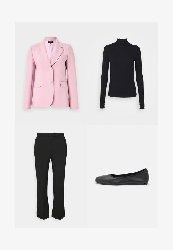 Helles rosa Blazer aus glattem Stoff, mit Reverskragen, zwei frontalen Taschen und zwei Knöpfen auf der Vorderseite.; Schwarz, langärmliges Turtleneck-Oberteil aus glattem Material, mit einem gerafften Kragen und einer enganliegenden Silhouette mit einfachen Kanten.; Schwarze, maßgeschneiderte Hose mit geradem Bein, ausgestattet mit Gürtelschlaufen und Seitentaschen. Hergestellt aus glattem Stoff mit sauberem Finish.; Schwarze Leder-Ballettschuhe mit abgerundeter Spitze, glatter Textur, minimalen Nähdetails und einem flexiblen Sohlen-Design.