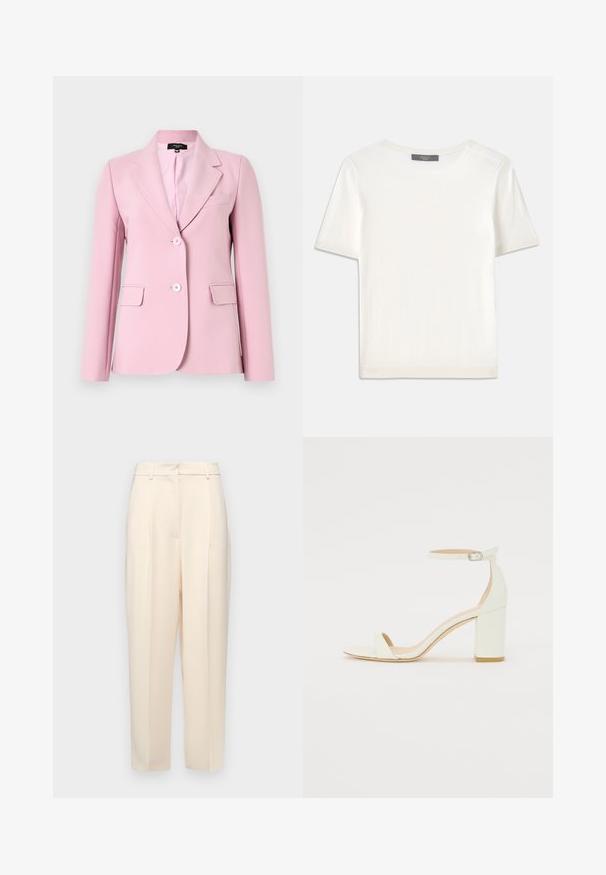 Lichtroze blazer van gladde stof, met een geknipt kraag, twee voorzakken en twee knopen aan de voorkant.; Witte gebreide top met korte mouwen en een ronde halslijn, met een gladde textuur en subtiele ribgebreide accenten bij de mouwen en de zoom.; Beige op maat gemaakte broek met een rechte pasvorm, voorzien van plooien aan de voorkant, een gladde textuur en een middelhoge taille. Geen zichtbare zakken.; Witte leren sandaal met blokhak, voorzien van een enkelsluitsel met een gesp en een minimalistisch design. Open teen en gladde texturen overal.