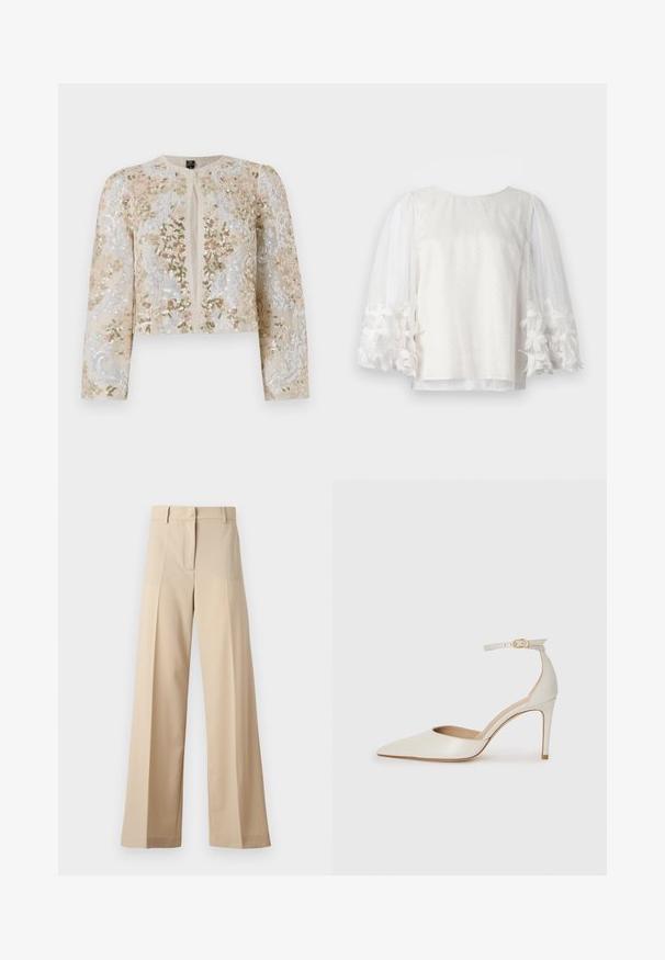 Bestickte, taillierte Jacke in Beige mit blühenden Motiven in Pink, Grün und Blau. Verfügt über lange Ärmel und einen runden Ausschnitt.; Weiße, durchsichtige Bluse mit Tupfen, gepufften langen Ärmeln und floral bestickten Manschetten, auf einem schlichten weißen Hintergrund präsentiert.; Beige weite Hosen aus glattem Stoff, mit einem flachen Vorderteil mit Falten, einem Reißverschluss und Gürtelschlaufen. Insgesamt eine taillierte Passform.; Weiße Leder-Pumps mit spitz zulaufender Zehe, Knöchelriemen und schlanker Stiletto-Absatz. Glatte Oberfläche mit dezent glänzendem Finish.