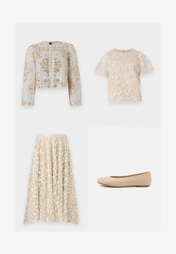 Bestickte, taillierte Jacke in Beige mit blühenden Motiven in Pink, Grün und Blau. Verfügt über lange Ärmel und einen runden Ausschnitt.; Beige Bluse mit floralem Stickmuster, durchsichtigen Puffärmel, Rundhalsausschnitt und Reißverschluss hinten. Texturiertes Blumenmuster auf der Vorderseite.; Blumenstickerei auf einem transparenten, crèmefarbenen Rock mit einem Satinbund. Das Design zeigt kleine, zarte Blumen und Blätter.; Beige Leder-Ballerina mit runder Zehenform, minimaler Nahtgestaltung, niedrigem Absatz und dezentem Logo auf der Rückseite. Glatte, matten Oberfläche.