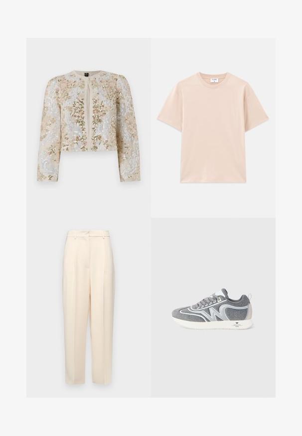 Izšūta īsā jakas stila virsjaka bēšā krāsā ar ziedu motīviem rozā, zaļā un zilā krāsā. Iespējami gari piedurknes un apaļa kakla izgriezums.; Kratkām piedurknēm T-krekls gaisā bēžā krāsā, izgatavots no mīkstas kokvilnas. Apaļš kakla izgriezums, brīvs piegriezums, ar taisnu apakšmalu un bez apdrukām vai grafikām.; Beige pielāgotas bikses ar taisnu piegriezumu, priekšpusē ar krokām, gluda tekstūra un vidējas augstuma jostasvieta. Nav redzamu kabatu.; Pelēki un balti zemi apavi ar auklēm, ar "W" dizainu sānos un balto zoli, uz papēža ir zīmols "Weekend Max Mara".