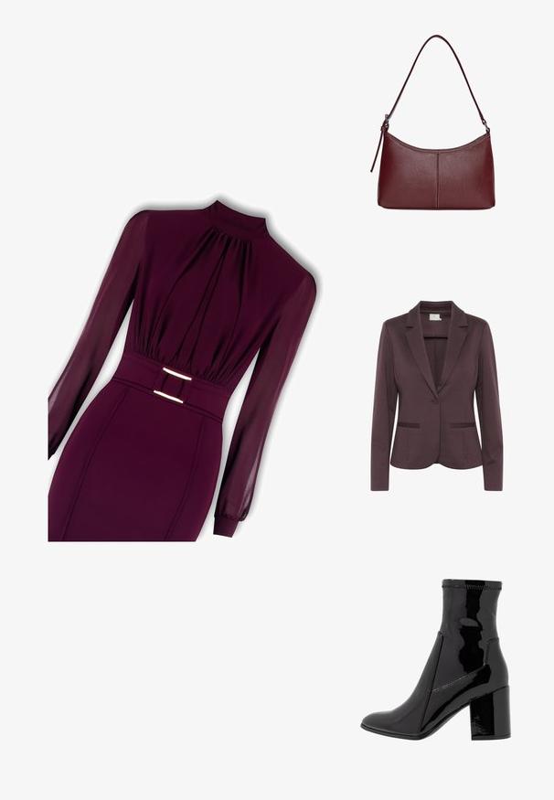 Dunkelvioletter maßgeschneiderter Blazer mit Reverskragen, einer Knopfverschluss und zwei vorderen Taschen. Glattes Material mit subtiler Textur.; Burgunderfarbenes Kleid mit transparenten langen Ärmeln, plissiertem Oberteil und einer taillierten Taille, die durch einen Gürtel mit einer metallischen Schnalle betont wird.; Schwarze, lackierte Knöchelstiefel mit glatter Textur, spitzem Zeh und strukturiertem Blockabsatz. Verfügt über ein reißverschlussfreies Design und kontrastierende Nähte.; Bordeauxfarbene Ledertasche mit geschwungener Form, einem einzigen Schulterriemen und gesteppten Details in der Mitte. Glatte Textur, minimales Zubehör.