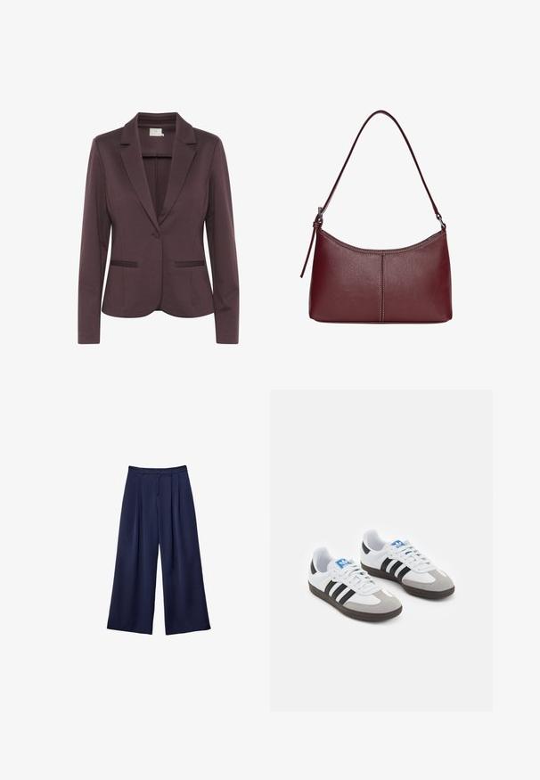 Blazer ajusté violet foncé avec un col à revers, fermeture à bouton unique et deux poches avant. Tissu lisse avec une texture subtile.; Haut à manches longues bourgogne en tissu doux, avec un large col rond et un ourlet légèrement incurvé pour une coupe confortable.; Pantalons larges bleu marine avec des plis, taille à boutons et passants de ceinture, présentés à plat sur un fond blanc.; Baskets avec une tige en cuir blanc, un bout en daim gris et trois bandes noires. Présente un logo bleu sur la languette et une semelle en caoutchouc texturée.; Sac à main en cuir bordeaux avec une forme arrondie, une bandoulière unique et des coutures au centre. Texture lisse, matériel minimal.