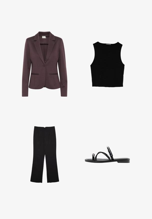 Tmavě fialový přizpůsobený blazer s klopami, zapínání na jeden knoflík a dvěma předními kapsami. Hladký materiál s jemnou strukturou.; Černý bezsleeve crop top vyrobený z hladké tkaniny, s kulatým výstřihem a čistým, jednoduchým designem bez vzorů nebo kovových doplňků.; Černé kalhoty s rovným střihem, s předními kapsami a bočními rozparky na lemu. Vyrobené z jemné, hladké tkaniny. Vhodné na různé příležitosti.; Černé ploché sandály s lesklým povrchem, třemi tenkými popruhy a kulatým kovovým detailem na špičce. Elegantní design s minimálním podpatkem.