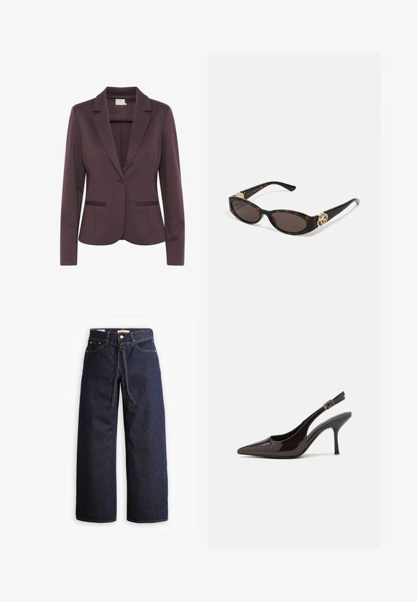 Blazer ajustado de un color púrpura oscuro con solapa muesca, cierre de un botón y dos bolsillos frontales. Tejido liso con una textura sutil.; Camisa negra de manga larga hecha de una mezcla de algodón, con un cuello redondo y un diseño ajustado sin patrones ni gráficos visibles.; Jeans de mezclilla oscuros de pierna ancha con cintura alta, que cuentan con un lazo ajustable, cinco bolsillos y detalles de costura en contraste.; Zapato de tacón alto tipo slingback en piel sintética brillante de color marrón oscuro, con punta afilada, laterales abiertos y correa ajustable en el tobillo.; Gafas de sol carey con lentes ovalados alargados, tintado marrón, acentos de logo dorado en las patillas y brazos negros elegantes.; Bolso de mano burdeos con una silueta curvada y una correa corta, que presenta una cremallera dorada y un sutil logotipo de Calvin Klein en la parte frontal.