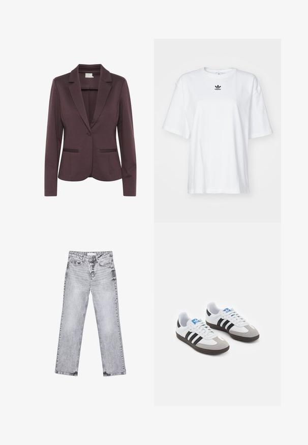 Tmavě fialový přizpůsobený blazer s klopami, zapínání na jeden knoflík a dvěma předními kapsami. Hladký materiál s jemnou strukturou.; Bílý krátký rukávový tričko vyrobené z bavlny. Má kruhový výstřih a malé černé logo Adidas na hrudi. Rovný lem.; Šedé džíny z denimu se střihy rovnými nohavicemi, s poškozenou úpravou, pěti kapsami a měděnými nýtky. Pasová část obsahuje logo štítek.; Sportovní boty s bílým koženým svrškem, šedou semišovou špičkou a třemi černými pruhy. Obsahují modré logo na jazyku a texturovanou gumovou podrážku.