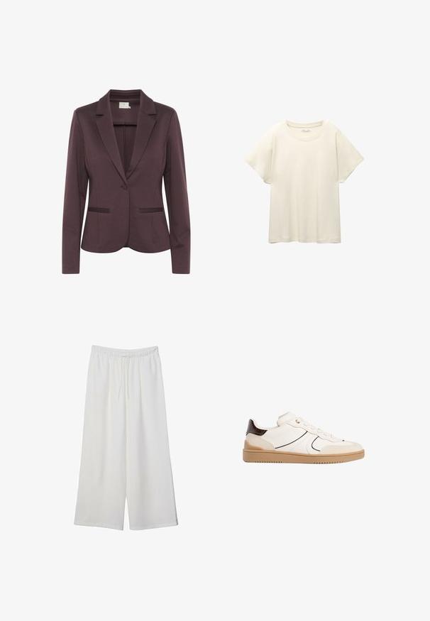 Blazer aderente di colore viola scuro con rever a punta, chiusura con un solo bottone e due tasche frontali. Tessuto liscio con una sottile trama.; Maglietta a maniche corte beige chiaro con scollatura rotonda, realizzata in un tessuto morbido e liscio. Presenta una vestibilità comoda e un orlo dritto.; Pantaloni bianchi a gamba larga realizzati in tessuto leggero, dotati di una vita elastica e di un cordino per una vestibilità regolabile. Texture liscia.; Stradivarius Sneakers basse - white