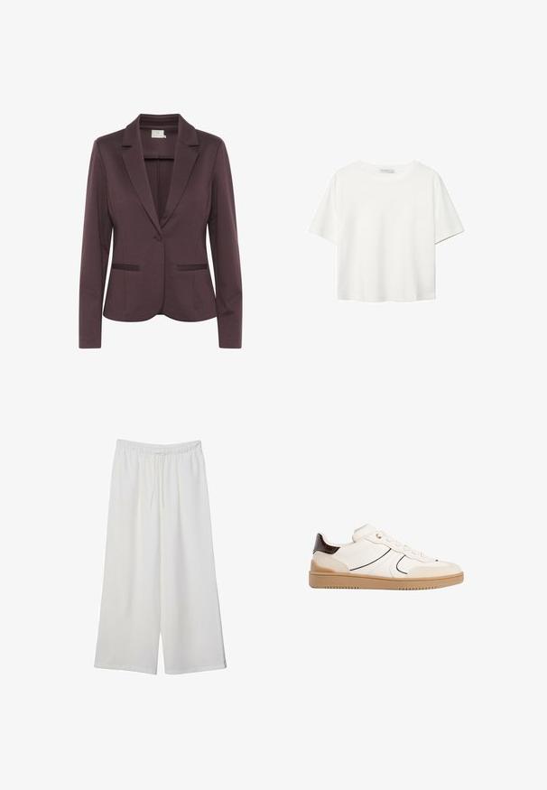 Dark purple tailored blazer with a notched lapel, single button closure, and two front pockets. Smooth fabric with a subtle texture.; White short-sleeve t-shirt made of cotton. Features a crew neckline and a relaxed fit. Smooth texture with no visible patterns or accents.; White wide-leg trousers made of lightweight fabric, featuring an elastic waistband and a drawstring for adjustable fit. Smooth texture.; Stradivarius Trainers - white
