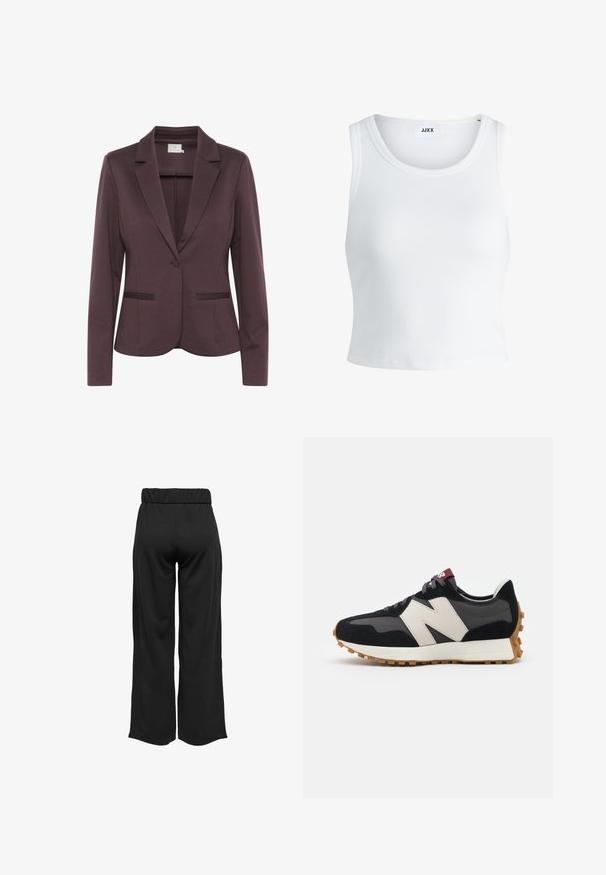 Dark purple tailored blazer with a notched lapel, single button closure, and two front pockets. Smooth fabric with a subtle texture.; White ribbed tank top featuring a round neckline, sleeveless design, and a cropped length. Label reads "JJXX." Smooth fabric texture.; Black, wide-leg pants with an elastic waistband, made from smooth fabric. Features a clean design with no pockets or visible stitching details.; Black and gray suede sneaker with a large cream-colored "N" logo, purple laces, and a textured gum rubber outsole.