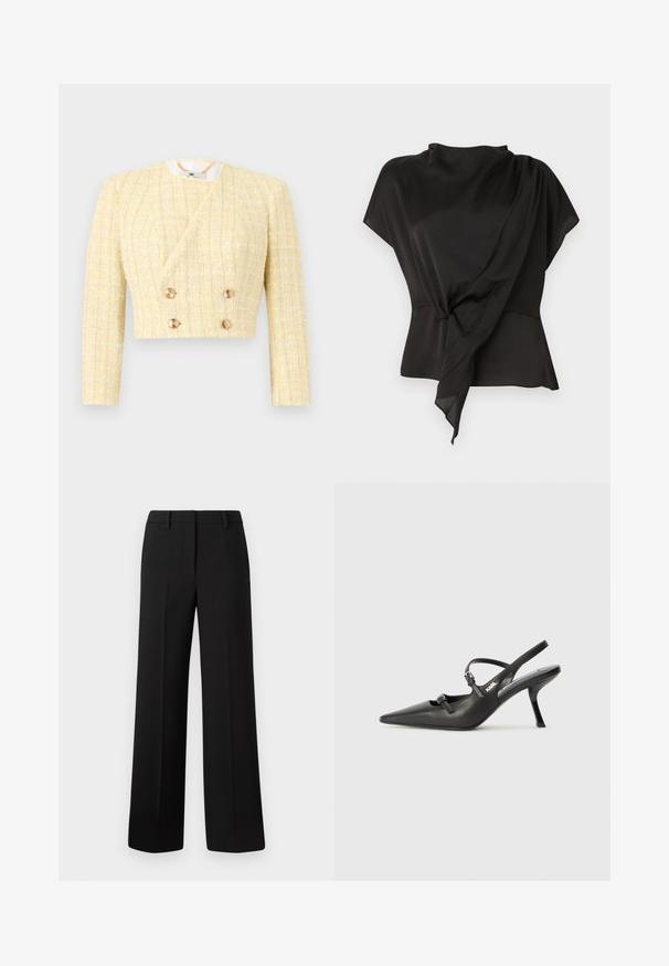 Κοντό κίτρινο tweed σακάκι με μακριά μανίκια, διπλή σειρά από χρυσά κουμπιά και λεπτομέρεια στον λαιμό με κοφτή επιφάνεια.; Μαύρη μπλούζα από λείο ύφασμα, με σχέδιο κρεμαστό και κόμπο στη μέση, και κοντά μανίκια.; Μαύρο παντελόνι σε ίσια γραμμή, κατασκευασμένο από απαλό ύφασμα, με επαγγελματική εφαρμογή, θηλιές ζώνης και χωρίς ορατά σχέδια ή διακοσμητικά στοιχεία.; Μαύρες δερμάτινες γόβες slingback με μυτερή μύτη, λεπτό τακούνι και διακοσμητική αγκράφα στο επάνω μέρος. Λείος υφής και κομψός σχεδιασμός.