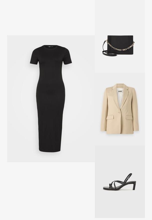 Blazer bej cu rever ascuțite, închidere cu un singur nasture, două buzunare frontale și o textură netedă. Eticheta vizibilă în interior citește "DRYKORN."; Rochie maxi neagră, cu un croi mulat, mâneci scurte și decolteu rotund. Textură netedă, cu un design până la pământ.; Sandal cu barete negre, cu vârf pătrat și toc mic de bloc. Prezintă mai multe barete subțiri și o bareta ajustabilă la gleznă. Fabricat din piele netedă.; Geantă de umăr din piele neagră, cu o textură netedă, formă rectangulară și un detaliu din lanț metalic în față. Include curea reglabilă.