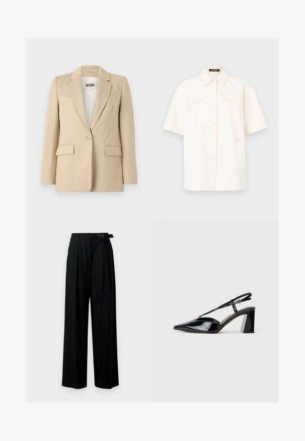 Blazer beige con rever a notched, chiusura a un solo bottone, due tasche frontali e una texture liscia. Etichetta visibile all'interno che dice "DRYKORN."; Camicia a maniche corte di colore crema, realizzata in tessuto leggero, con due tasche frontali, chiusura a bottoni e cuciture a contrasto.; Pantaloni neri a gamba larga con vita alta, pieghe nella parte anteriore e una cintura con fibbia. Realizzati in tessuto liscio e leggero.; Scarpe con tacco alto in vernice nera, con punta appuntita, cinturino regolabile e tacco rettangolare chunky.