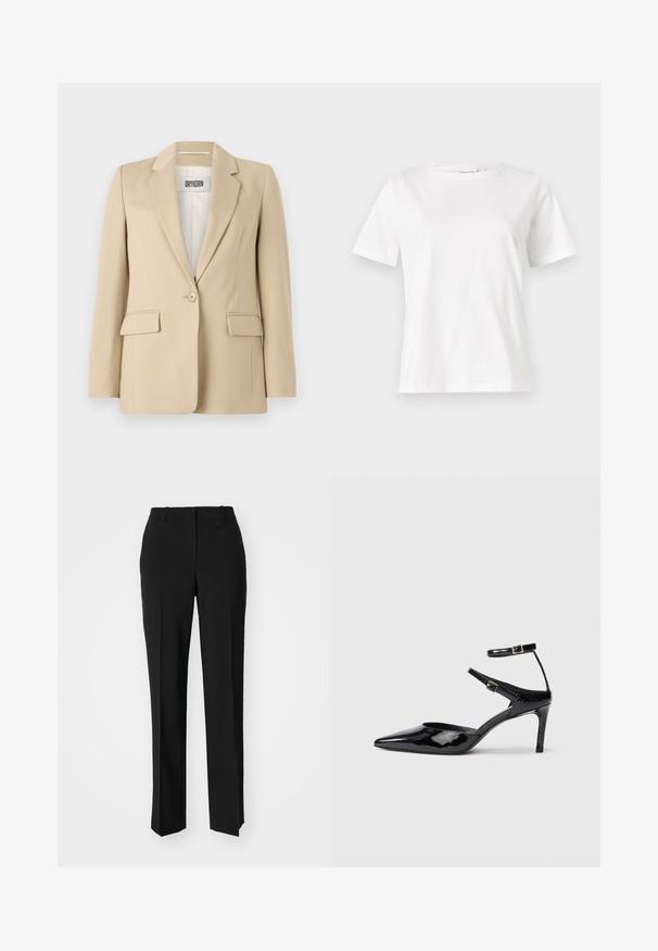 Beige blazer med snedskärning, enkel knappstängning, två framfickor och en mjuk textur. Etiketten innuti visar "DRYKORN."; Vit bomullströja med korta ärmar, rund halsringning och en avslappnad passform. Slät textur, inga mönster eller detaljer, minimalistisk design.; Svarta skräddarsydda byxor med rak benform, med en slät yta och skarpa veck fram. Ingen synlig hårdvara.; Svarta lackskinnshälar med spetsig tå, justerbara ankelremmar och en smal klack. Slät textur med en glänsande yta.