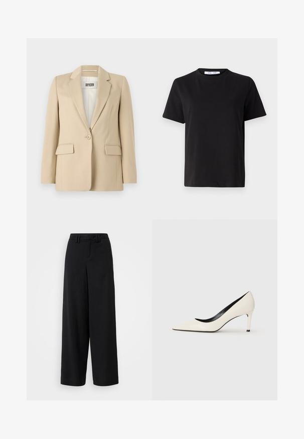 Kreminės spalvos švarkas su įpjautomis atlapais, vienu mygtuku, dviem priekinėmis kišenėmis ir lygiu paviršiumi. Viduje matomas etiketė su užrašu "DRYKORN."; Juodas trumpas rankovės marškinėliai, pagaminti iš minkštos medvilnės, su apvaliu iškirpimu, laisvu pritaikymu ir lygiu paviršiumi. Nėra matomų raštų ar grafikos.; Juodi plačių kojų kelnės, pagamintos iš lygaus audinio, su plokščiu priekiniu dizainu, raukšlėtėmis ir diržo kilpomis ant juosmens.; Balti lakinės odos aukšti kulniukai su smailiu pirštu, liekna kulniu ir juodais vidaus akcentais. Lygi tekstūra ir stilingas dizainas.