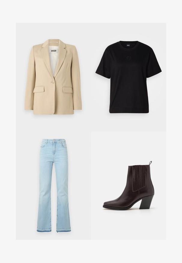 Kreminės spalvos švarkas su įpjautomis atlapais, vienu mygtuku, dviem priekinėmis kišenėmis ir lygiu paviršiumi. Viduje matomas etiketė su užrašu "DRYKORN."; Juodas medvilninis marškinėliai su apvalia iškirpte, trumpomis rankovėmis ir siuvinėjimu ant krūtinės. Paprastas, laisvas siluetas be raštų.; Šviesiai mėlyni, platėjantys džinsai pagaminti iš denimo, su aukštu juosmeniu, priekinėmis kišenėmis ir nelygiais apačiais, suteikiančiais kasdišką išvaizdą.; Tamsiai rudos odos kulkšninių batų su smailiu nosiu, vertikaliai raukšlėtu detalėmis šone ir vidutinio aukščio blokiniu kulnu.